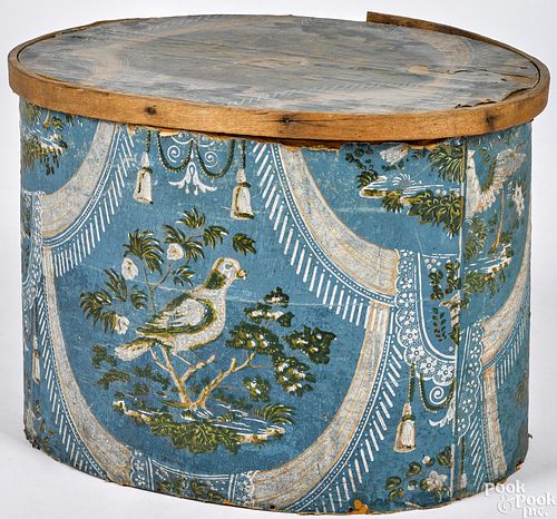 Large wallpaper covered bentwood box, 19th c.