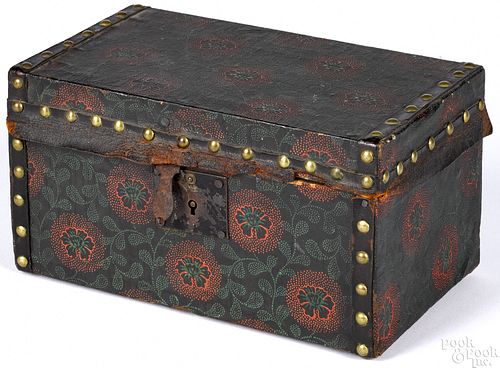 Painted leather covered lock box, 19th c.