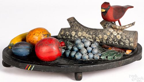 Carved and painted fruit and bird centerpiece
