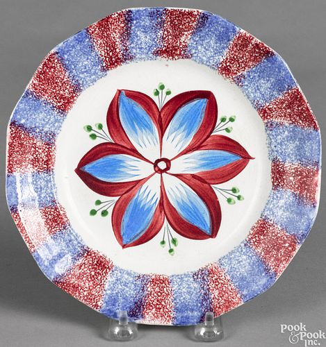 Red and blue spatter plate, with dahlia
