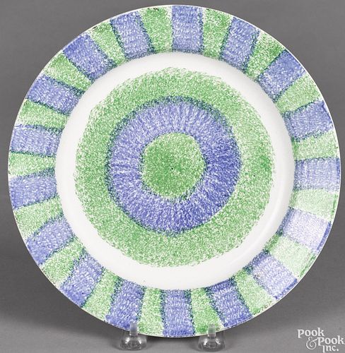 Green and blue rainbow spatter bull's-eye plate