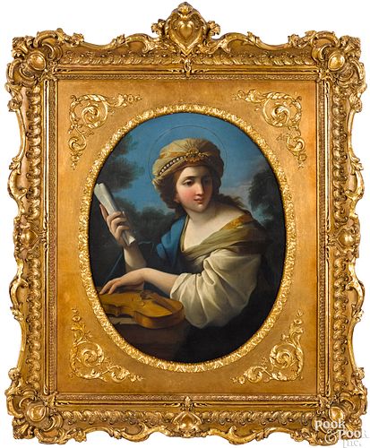 Continental oil on canvas of a woman with violin