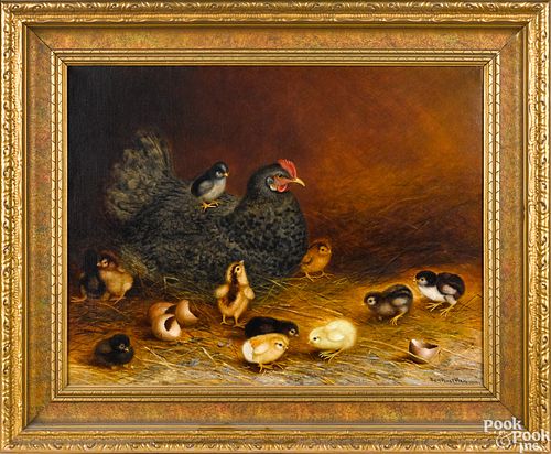 Ben Austrian oil on canvas of a hen and chicks