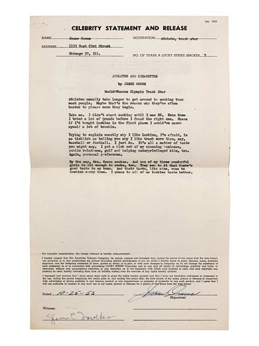 A 1953 Jesse Owens Signed American Tobacco Contract,