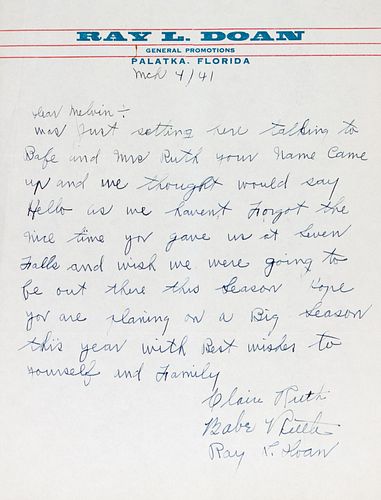 A Babe Ruth, Claire Ruth, Ray Doan Signed Letter (Beckett LOA),