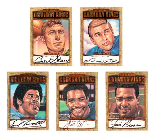 A Complete Set ofFive Signed 1999 Donruss Gridiron Kings Football Cards (Payton, Starr, Unitas, Brown, Campbell),