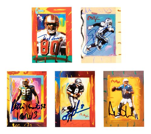 A Group of 5 Signed 1997 Topps Gallery Peter Max Football Cards,