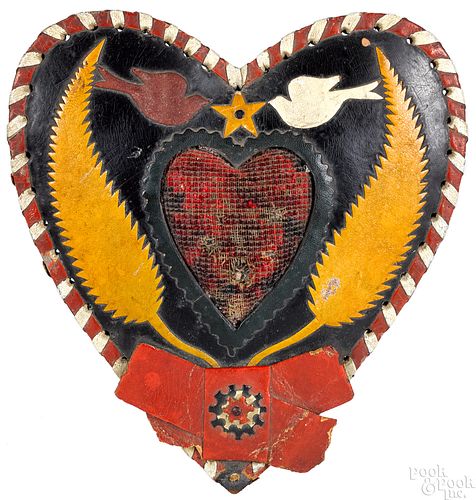 Painted leather heart-form pincushion, 19th c.