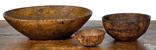Three New England burlwood bowls, ca. 1800