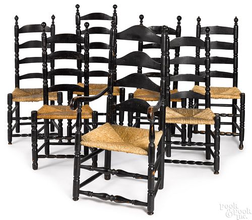 Assembled set of seven ladderback chairs