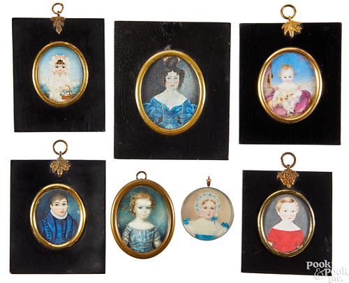 Seven miniature watercolor portraits, 19th c.