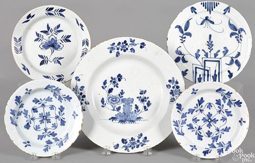 Five English Delft blue and white plates
