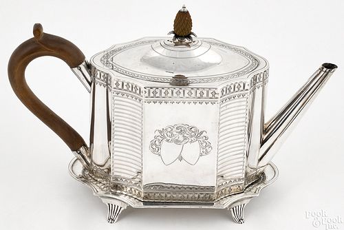 English engraved silver teapot and stand