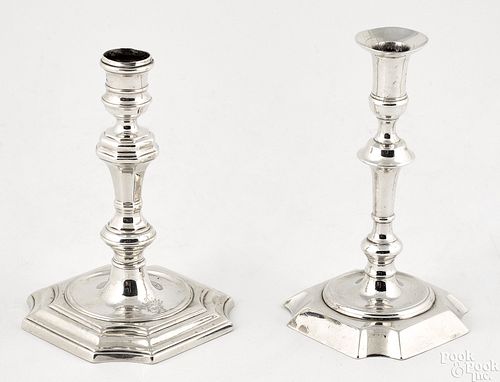 Two English George II silver tapersticks