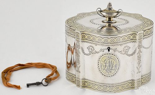 English engraved silver tea caddy, 1780-1781