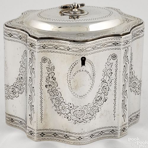 English engraved silver tea caddy, 1783-1784