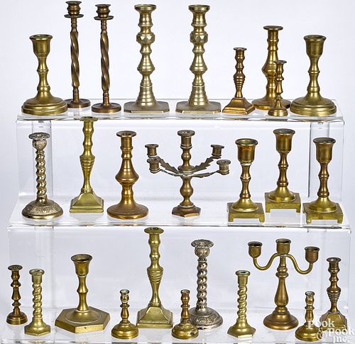 Miniature brass candlesticks & candelabra