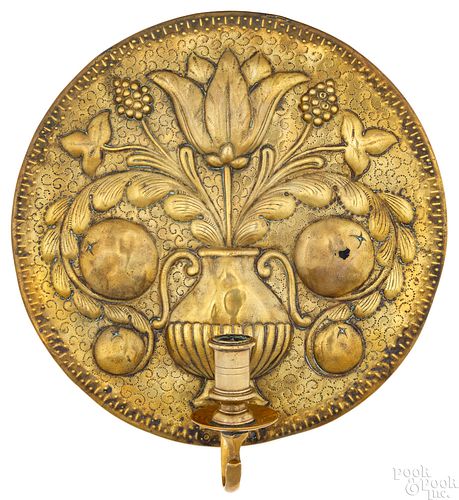 Pair of Dutch embossed brass sconces, 18th c.