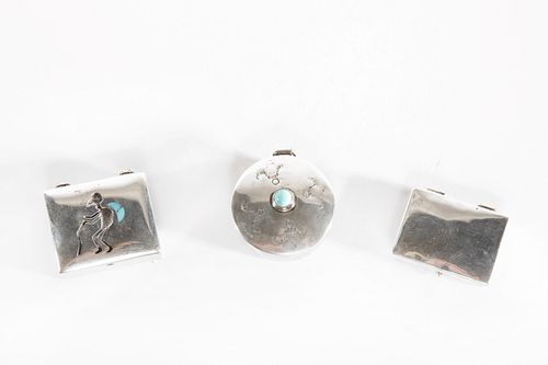 A Group of Three Navajo Silver and Turquoise Pillboxes, ca. 1960-1980