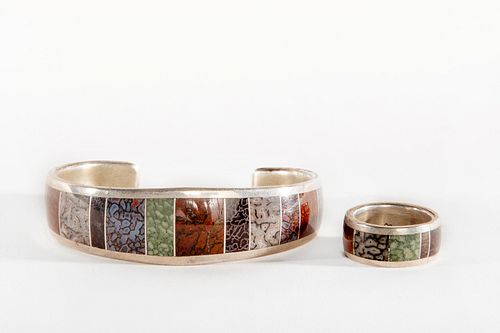 A Navajo Stone Inlay Sterling Silver Bracelet and Ring Set