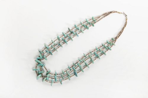 A Pueblo Three Strand Treated Turquoise and Heishi Necklace