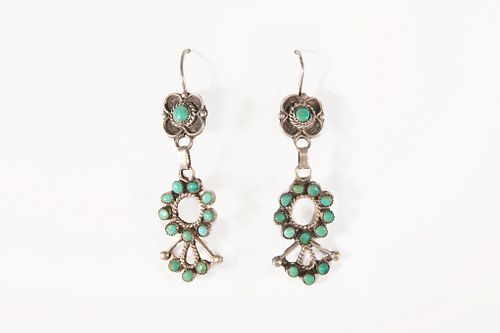 A Pair of Zuni Silver and Turquoise Fan Earrings