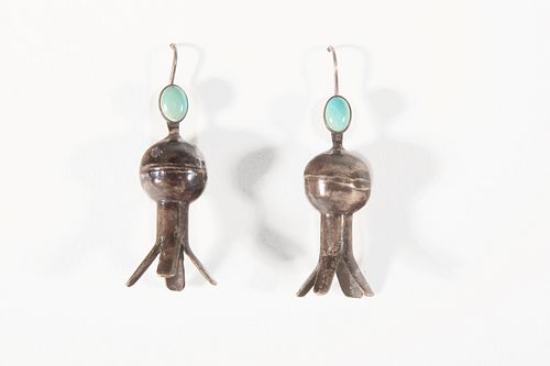 A Pair of Navajo Silver and Turquoise Squash Blossom Earrings