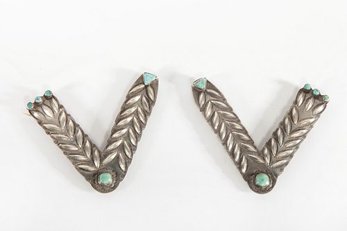 A Pair of Navajo Silver and Turquoise Collar Tabs, ca. 1930