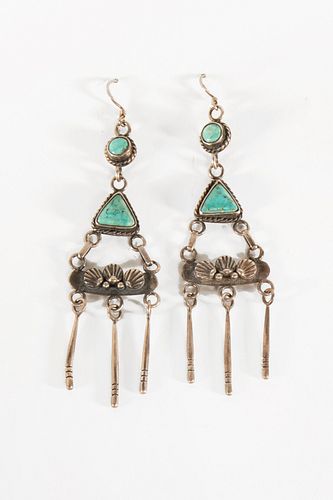 A Pair of Navajo Silver and Turquoise Earrings, ca. 1945