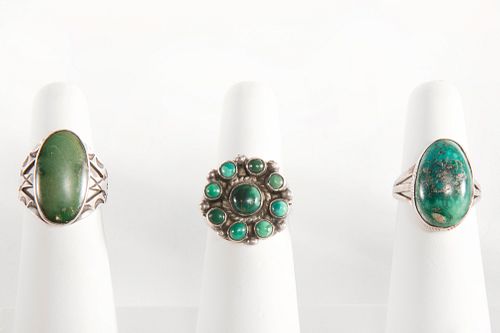 A Group of Three Navajo Silver and Turquoise Rings, ca. 1940-1950
