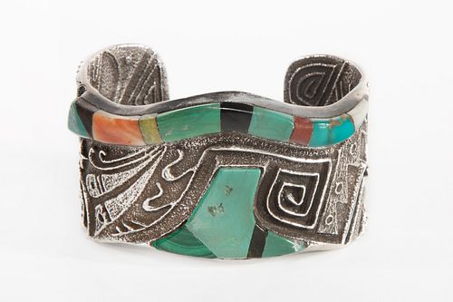 A Preston Monongye Tufa Cast Silver and Stone Inlay Cuff Bracelet