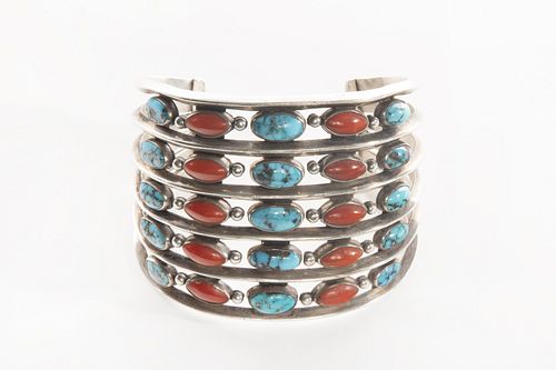 A Kenneth Begay Turquoise and Coral Band Cuff