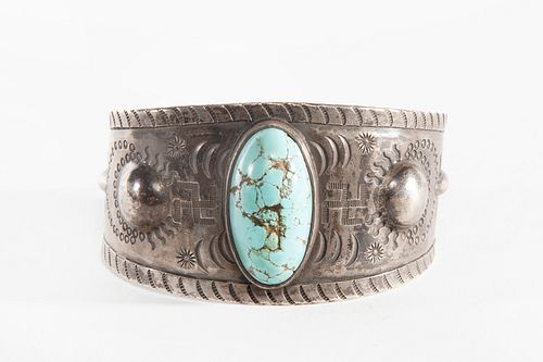 A Navajo Silver and Turquoise Cuff with Whirling Logs, ca. 1925