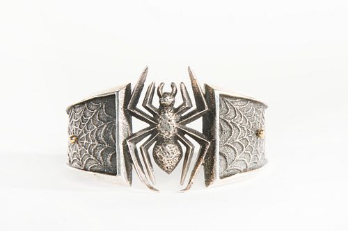 An Aaron Anderson Tufa Cast Silver Spider Cuff with Gold Accents, ca. 1990