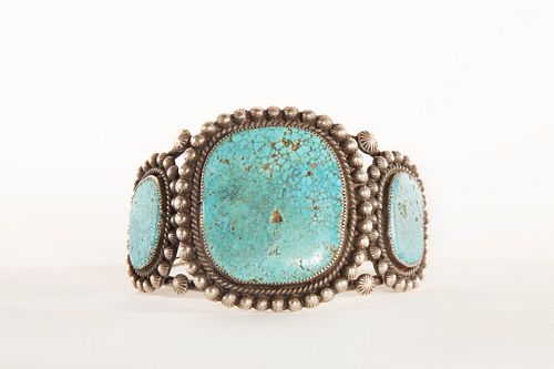 A Navajo Three Stone Natural Turquoise and Silver Cuff, ca. 1940