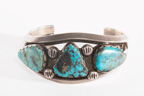 A Navajo Three Stone Turquoise and Silver Cuff Bracelet, ca. 1950