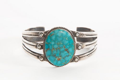 A Navajo Kingman Turquoise and Silver Cuff Bracelet, ca. 1950