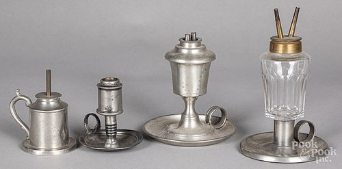 Four pewter whale oil lamps