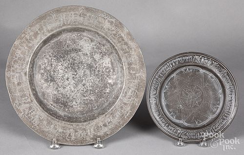 Engraved pewter Judaica plate and charger, 18th c