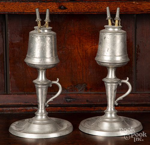 Pair of pewter whale oil lamps, ca. 1850