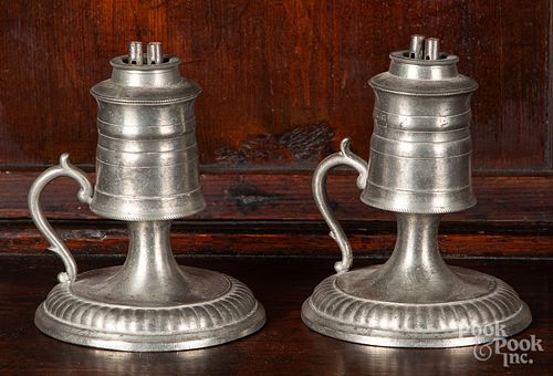 Pair of pewter whale oil lamps, 19th c.