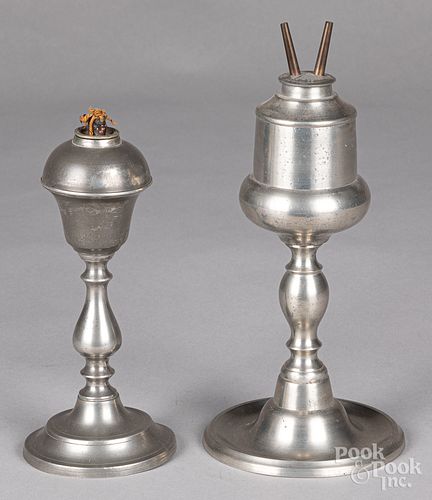 Two pewter whale oil lamps
