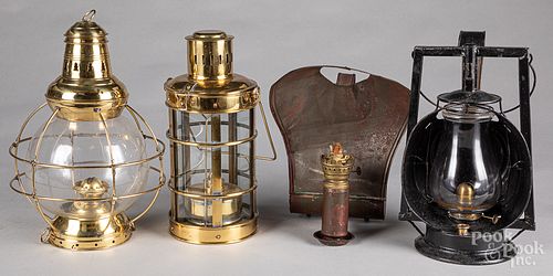 Two brass lanterns, together with two tin lantern