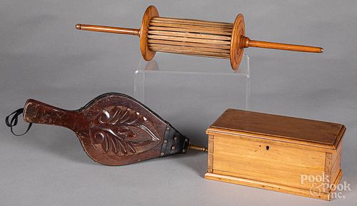 Wooden reel, together with a dresser box, etc.