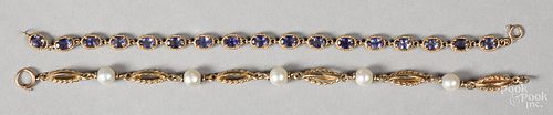 Two 14K gold, pearl and gemstone bracelets