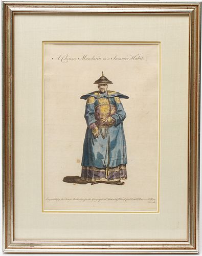 "Chinese Mandarin" Hand-Colored Engraving 19th C.