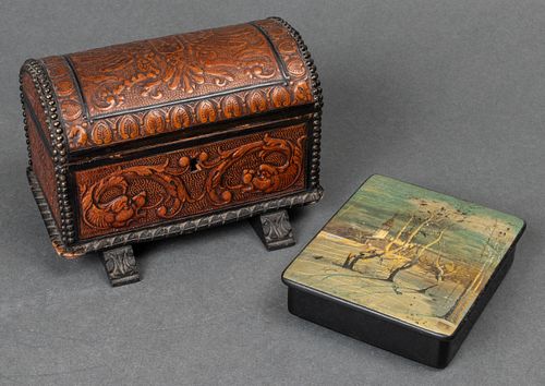 Russian Painted Box & Embossed Leather Box, 2