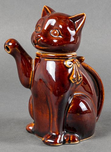 Brown Glazed Ceramic Lucky Cat Teapot, Vintage