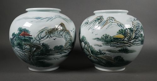 Pair JAPANESE Painted Vases, Incised, Signed