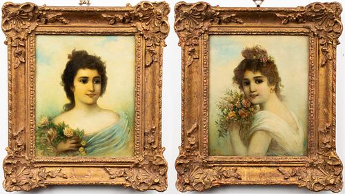 Edwardian Style Maiden Portraits Oils, Pair